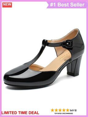 Women's T-Strap Mary Jane Heels Closed Toe Block Heel Pumps